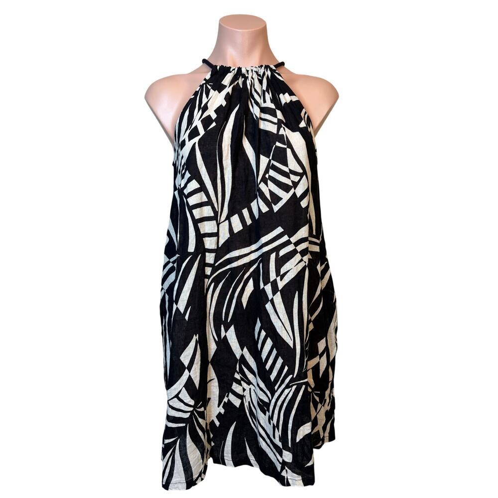 Tahari Tropical Print Halter Flowy Drape Dress Medium Linen Blend Resort Shells